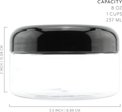 Cornucopia Brands 8oz Clear Plastic Jars w/Black Plastic Lids (6-Pack); BPA Free PET Stackable Containers for Bathroom & Kitchen Storage & Cosmetics