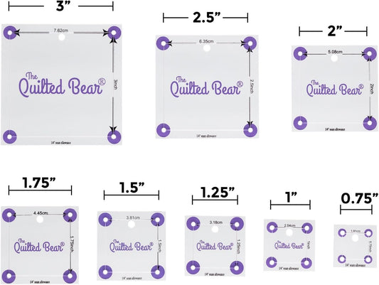 The Quilted Bear Square Quilting Templates – 8 Clear Non-Slip Acrylic Quilt Templates for Precise Fabric Cutting & Stress-Free Machine Quilting - Ideal for Quilt & Sewing Supplies (¾–3")