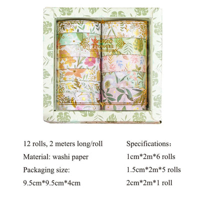 MAFELOE 2 Meters Long 12 Rolls Washi Tape Set, Decorative Adhesive Supplies for Scrapbook Journaling Junk Bullet Art Collage-Floral Print Series-Green (HZ-3Y-SHMJ-01)