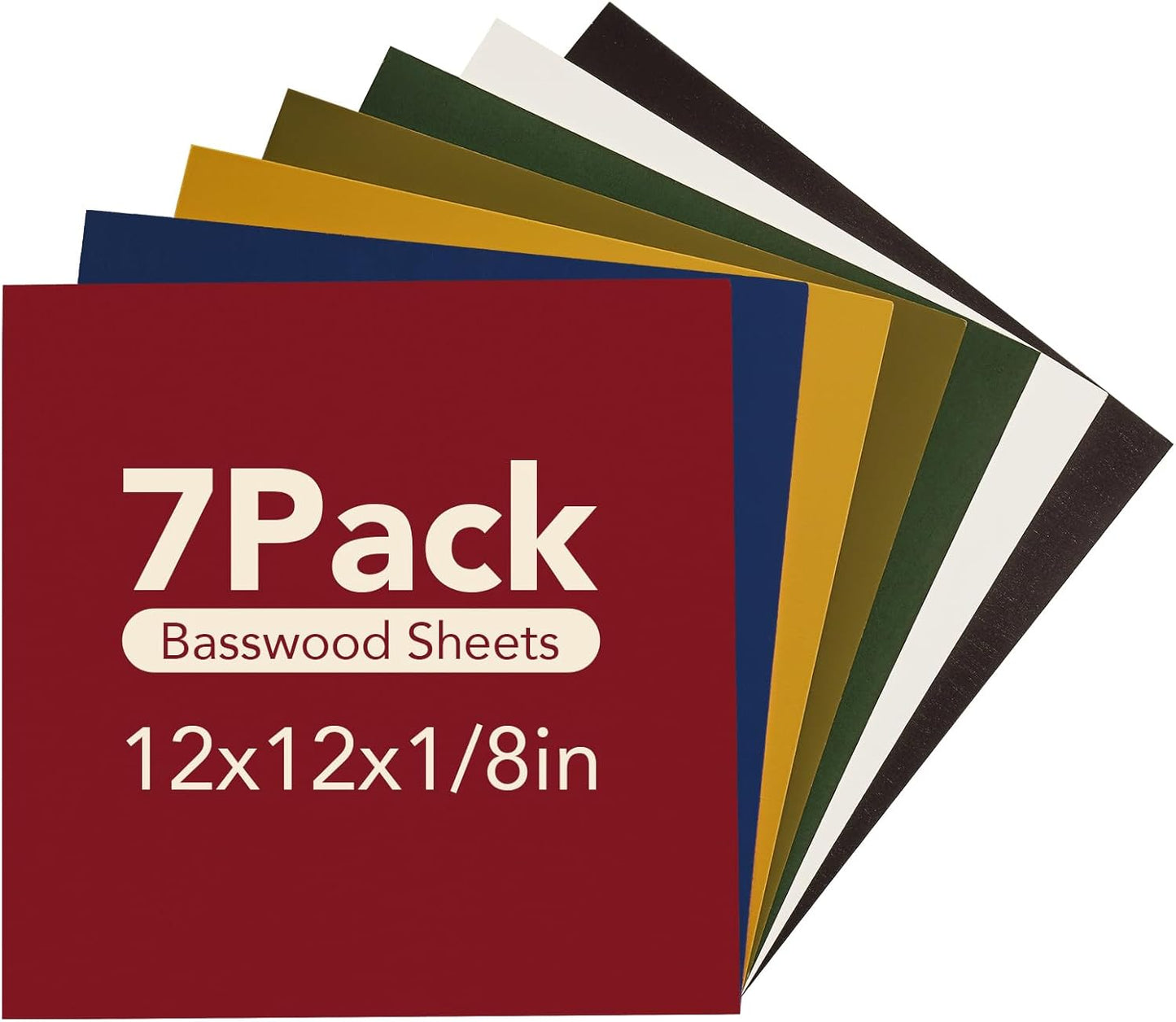 ROBOTIME 7-Pack Double-Sided Colored 1/8" Plywood Sheets - 12 x 12 x 1/8 Inch - Roller-Coated Solid Color 3mm Craft Wood Sheets for Laser Cutting - Assorted Colors - WB122