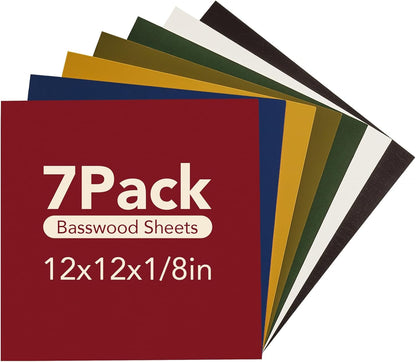 ROBOTIME 7-Pack Double-Sided Colored 1/8" Plywood Sheets - 12 x 12 x 1/8 Inch - Roller-Coated Solid Color 3mm Craft Wood Sheets for Laser Cutting - Assorted Colors - WB122