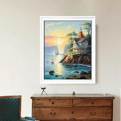 Leczany Cross Stitch Stamped Kit for Adults or Kids - Beach House | DIY Embroidery Starter Patterns Craft Kit Needlepoint for Beginner | 11CT, 3 Strands | 13.4x16.9 inches