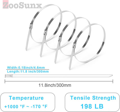 Metal Zip Ties (100PCS 11.8 Inch), 304 Stainless Steel, Heavy Duty Self-locking Cable Ties, for Exhaust Wrap, Chain Link Fence Parts, Heat Resistant Fencing Tie. for Pipe, Auto repair.