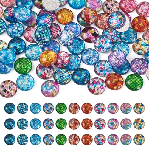 70Pcs 12mm Fish Scale Printed Glass Cabochons Mixed Colors Half Round Cameo Dome Tile Cabochon Mosaic Flatback Dome Glass Cabochon for DIY Bracelets Necklace Scrapbooking DIY Crafts
