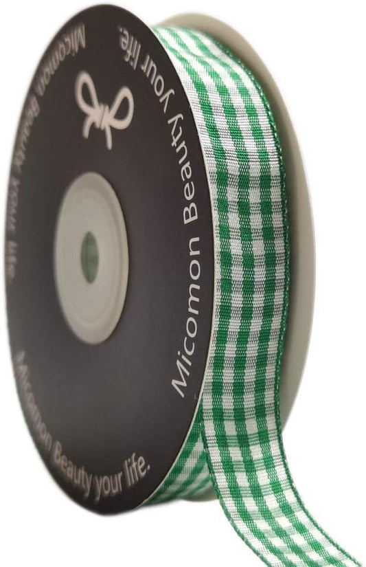 Green Gingham Plaid Checked Ribbon 25 Yards Each Roll 100% Polyester (5/8",Green) - Crafty Corner