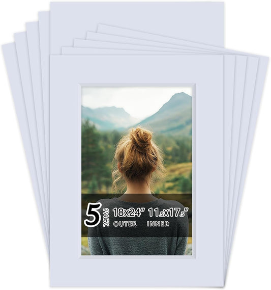 Falling in Art 5 Pack Acid Free 18x24'' White Picture Mats Board Show Kit for 12x18'' Photos, 4-Ply Beveled Pre-Cut Photo Mats with Backing Board for Frames, Artwork and Prints
