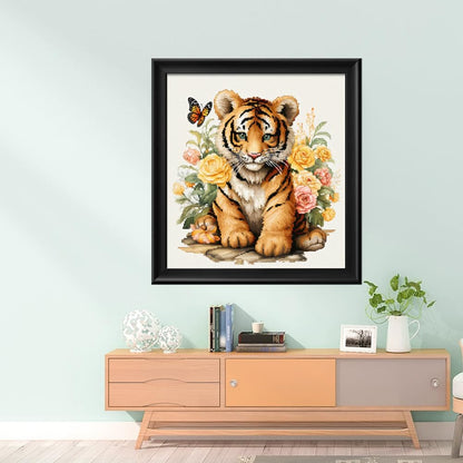 Leczany Cross Stitch Stamped Kit for Adults or Kids - Little Tiger and Butterfly | DIY Embroidery Starter Patterns Craft Kit Needlepoint for Beginner | 11CT, 3 Strands | 14.2x15.8 inches
