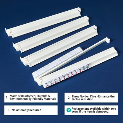 Mahjong All-in-One Tile Rack & Pusher, Acrylic Mahjong Combo, Enhanced Mah Jongg Tile Holders Set of 4 with 3 Goldern Dics (Beige White)