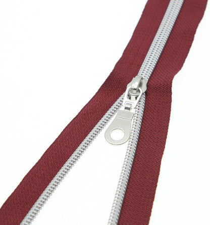 Leekayer #5 Metallic Silver Nylon Coil Zippers by The Yard Bulk 10 Yards Wine Color Zipper Tape with 25pcs Silver Sliders for DIY Sewing Tailor Craft Bag(Wine)