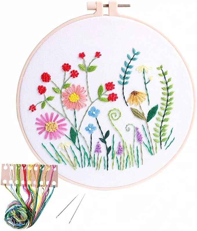 Act Iron Embroidery Starter Kit Full Range of Starter Including Instructions Stamped Cloth with Pattern Hoop Color Threads and Tools Crafts for Adults(Flowers 2)