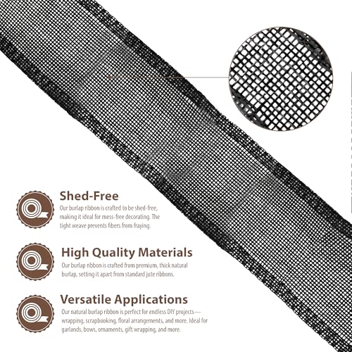 2 Inch Wide Black Burlap Ribbon for Crafts (60 Foot)