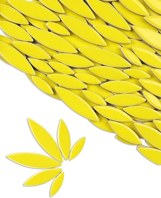 200g Ceramic Petals Bulk Mosaic Tiles for Craft, Small Oval Stepping Stone Kit, Glazed Porcelain Pieces for Coaster Tray House Number Mirror Lamp Home Decorations (Bright Yellow)