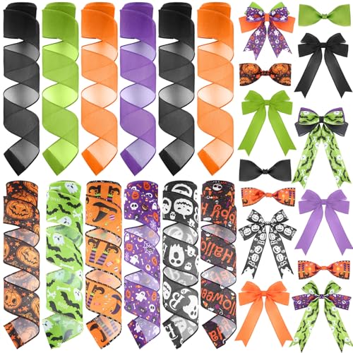 12 Rolls 60 Yard Halloween Wired Ribbon for Wreath Craft Bow (12 Count)