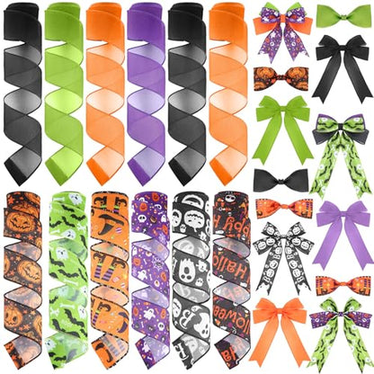 12 Rolls 60 Yard Halloween Wired Ribbon for Wreath Craft Bow (12 Count)