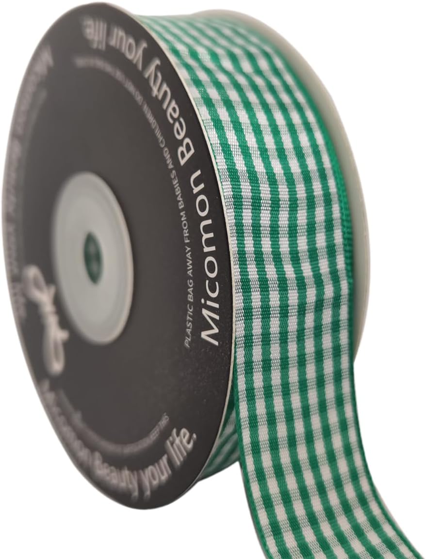 Green and White Woven Edge Plaid Ribbon 100% Polyester Gingham Ribbon 25 Yards Each Roll (1",Green) - Crafty Corner