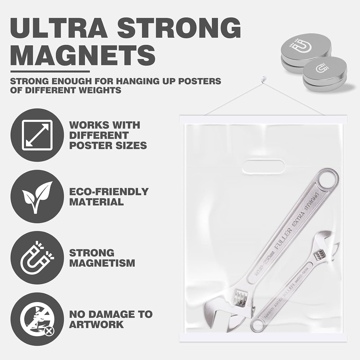 Ywlake Magnetic Poster Hanger, 12x18 12x16 12x24 Poster Frame Wood Wooden Magnet Print Posters Dowel Scroll Hanger Hangers Hanging Kit for Walls Map Canvas Artwork (White, 12")