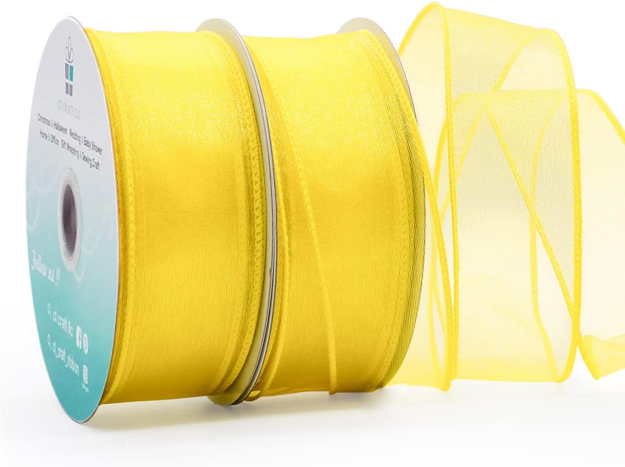 CT CRAFT LLC Sheer Organza Wired Ribbon 1.5" x 25 Yards x 2 Rolls Yellow for Wedding Chair Bow Flora Bouquet Gift Wrapping Christmas Tree Home Decor Wreath - Crafty Corner