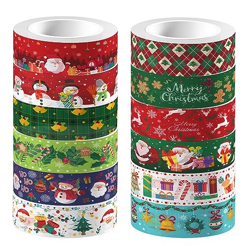 12 Pcs Christmas Washi Tape Merry Christmas Print Masking Tape Christmas Tree Snowman Santa Claus Pattern Decorative Paper Sticker for Christmas Party Holiday Scrapbook Handbook Sticker (12 Count)