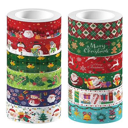 12 Pcs Christmas Washi Tape Merry Christmas Print Masking Tape Christmas Tree Snowman Santa Claus Pattern Decorative Paper Sticker for Christmas Party Holiday Scrapbook Handbook Sticker (12 Count)
