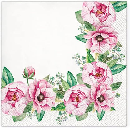20-ct 13x13 Flowers Paper Luncheon Decoupage Napkins, 3-Ply Servilletas Printed Pink Roses Cocktail Napkin for Art, Dinner and Party, Disposable Napkins Decor
