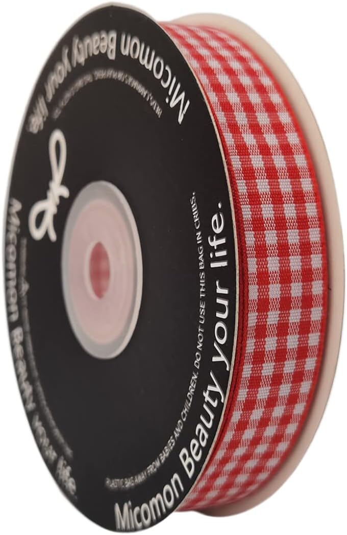 Red and White 100% Polyester Gingham Ribbon 25 Yards Each Roll (5/8", red) - Crafty Corner
