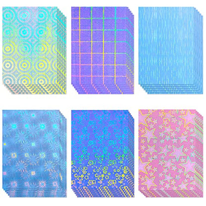 36 Sheets Holographic Sticker Paper A4 Vinyl Holographic Laminate Sheets Self Adhesive Waterproof Transparent Film