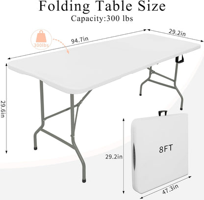 Set of 2 Folding Tables with Carrying Handle Heavy Duty Rectangular Portable Plastic Camping Table Steel Legs for Party, Dining, Wedding, Events, Picnic Indoor, Outdoor (8FT, White)