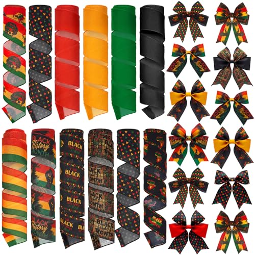 12 Rolls Black History Month Ribbons 2 Inch x 60 Yards Wired Edge Fabric Ribbons Craft Black History Month Themed Pattern Wrapping Crafts for DIY Gift Hair Bows Sewing Wreath 12 Styles (12 Count)