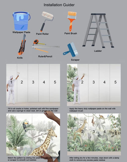 Kids Wallpaper Tropical Leves and Safari Animals Wall Mural for Wall Bedroom Living Room TV Background Sofa Wall（Not Peel and Stick）