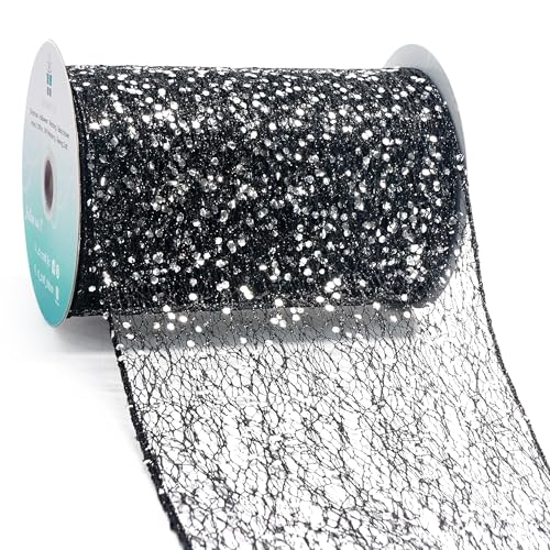 Sparkling Glitter Mesh Wired Ribbon 6" x 10 Yards Black for Christmas Home Decor Bow Gift Wrapping DIY Crafts Wreath (30 Foot)