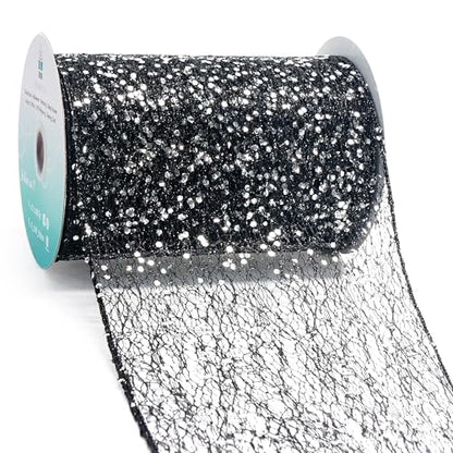 Sparkling Glitter Mesh Wired Ribbon 6" x 10 Yards Black for Christmas Home Decor Bow Gift Wrapping DIY Crafts Wreath (30 Foot)