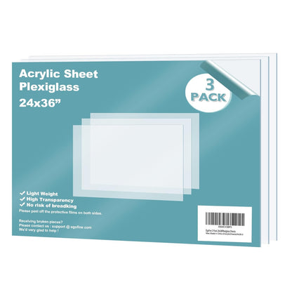 Egofine Plexiglass Sheets Acrylic Sheets 3 Pack of 24x36’’ 0.04 Thick Clear Plastic Cast Transparent Plexi Glass for Crafting Projects, Replacement Picture Frame Glass, DIY Display, Easy to Cut