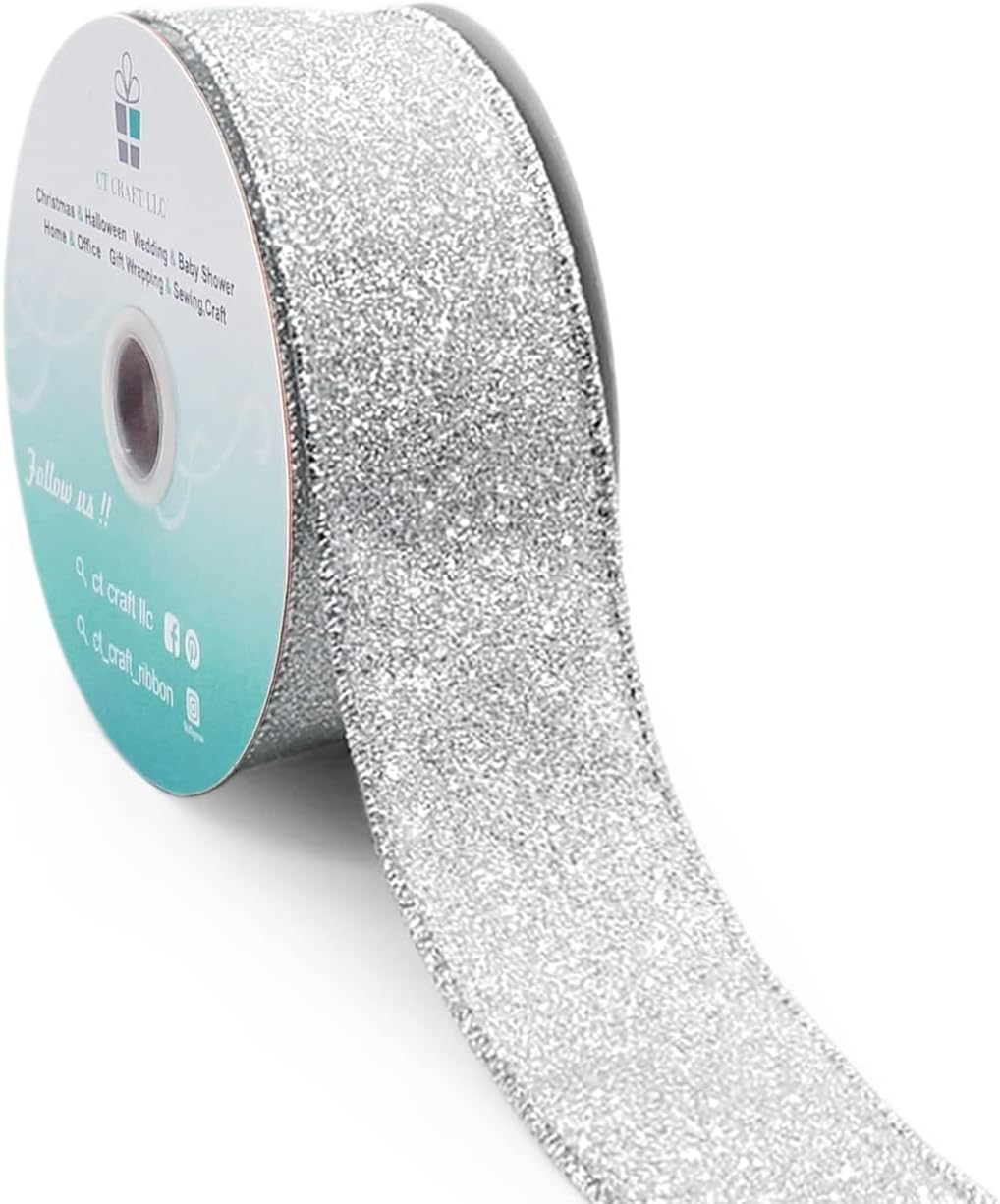 CT CRAFT LLC Glitter Wired Ribbon 1.5" x 10 Yards Silver for Christmas Home Decor Bow Gift Wrapping DIY Crafts Wreath - Crafty Corner