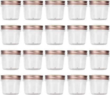 novelinks 4 oz Clear Plastic Jars with Rose Gold Lids – Small Round Refillable Storage Containers for Spices, Food, Crafts, and DIY Gifts – BPA-Free, Leakproof, 20 Pack