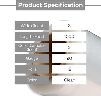 PSBM Mini Stretch Wrap with Handle, 18 Pack, 3 Inch x 1000 Feet, 90 Gauge, Clear, Small Plastic Cling Film for Pallets Moving Storing