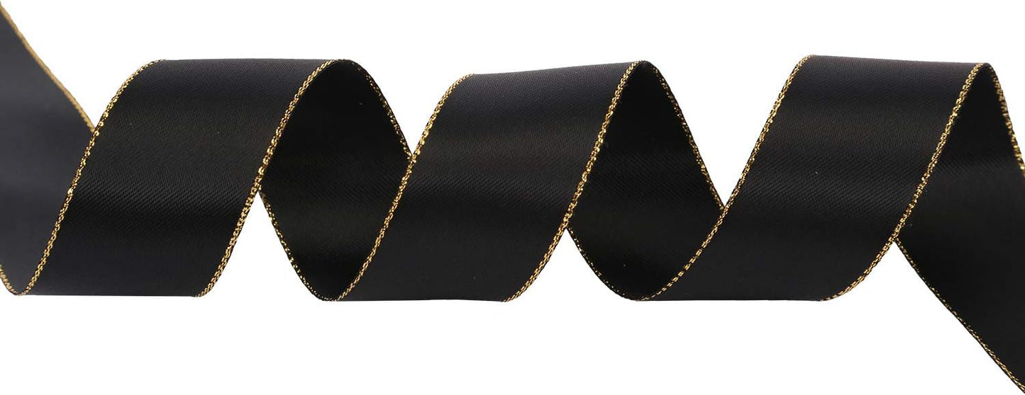 ITIsparkle 1" Inch Double Faced Satin Ribbon 25 Yards with Gold Edges, 1" X 25Yd - Black - Crafty Corner