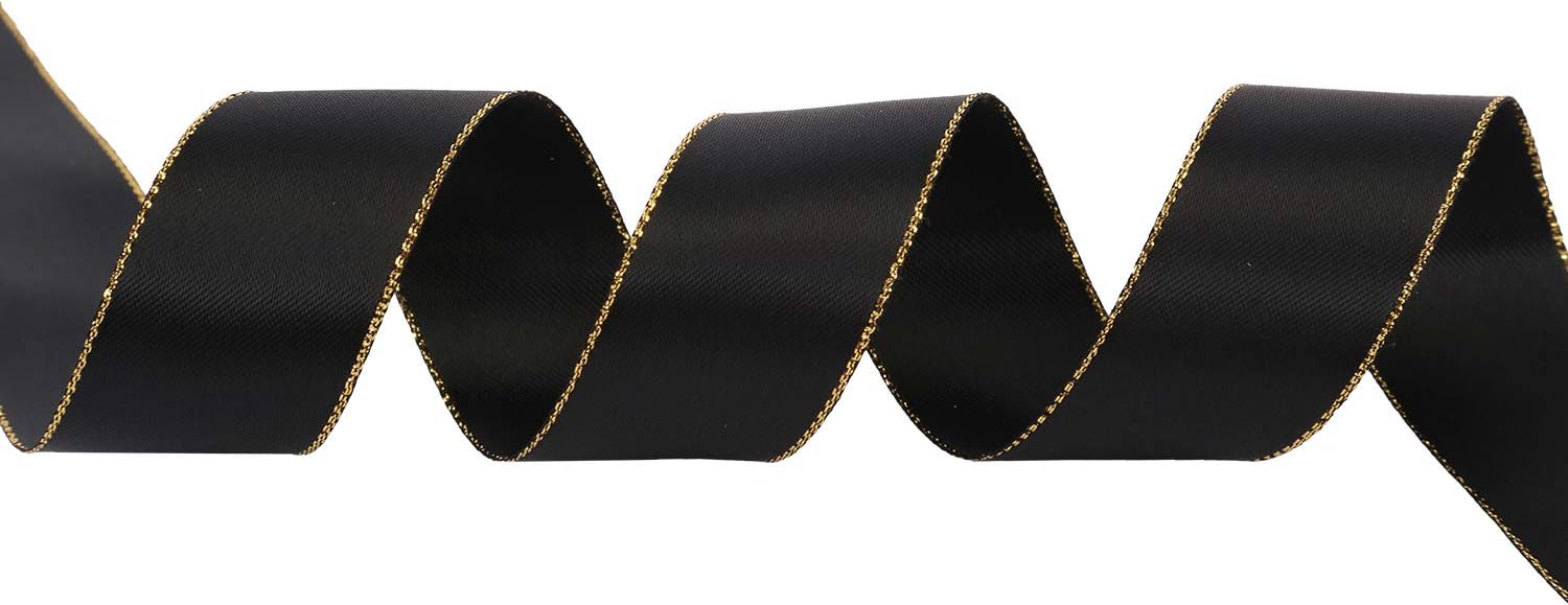 ITIsparkle 1" Inch Double Faced Satin Ribbon 25 Yards with Gold Edges, 1" X 25Yd - Black - Crafty Corner
