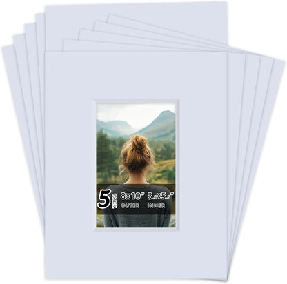 Falling in Art 5 Pack Acid Free 8x10'' White Picture Mats Board Show Kit for 4x6'' Photos, 4-Ply Beveled Pre-Cut Photo Mats with Backing Board for Frames, Artwork and Prints