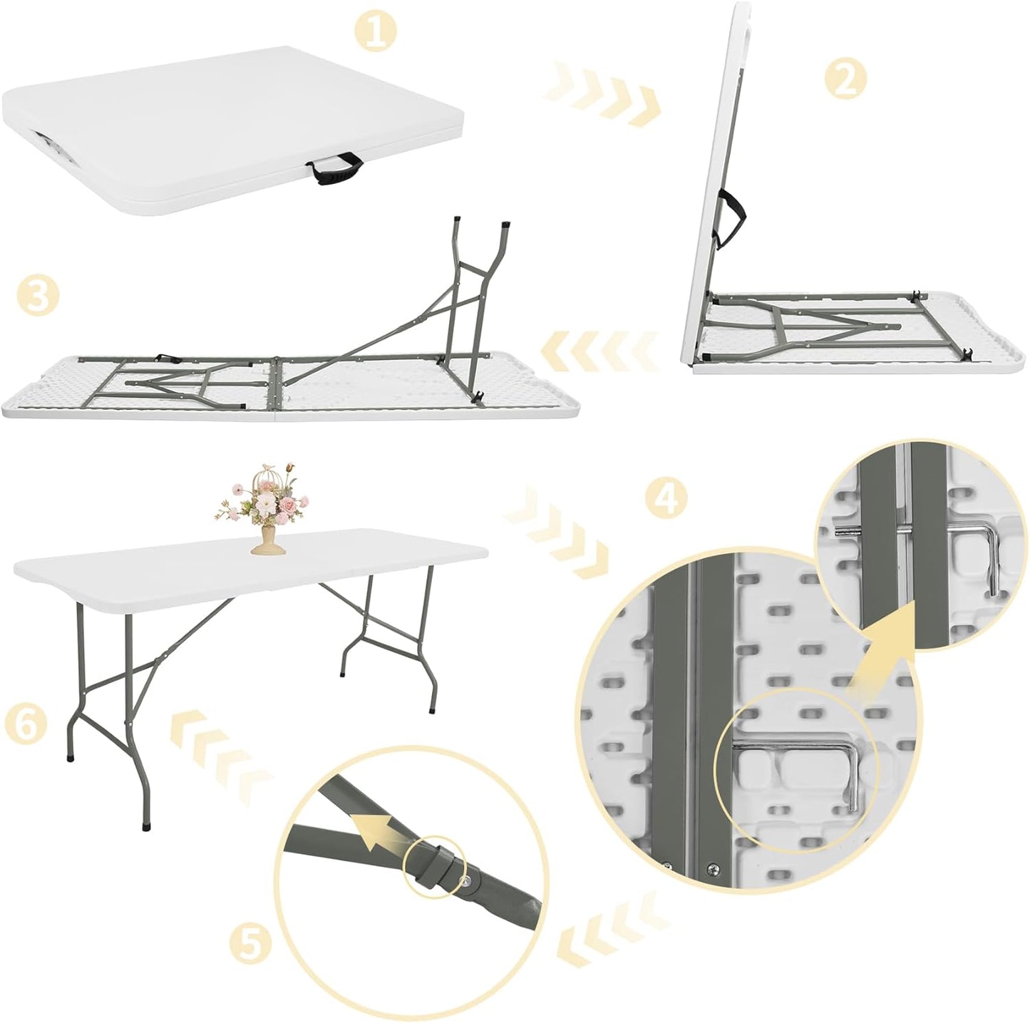 HAISIWLKJ Folding Table 8 FT Camping Table Portable Heavy Duty Plastic Rectangular Outdoor Dining Table Steel Legs Fold-in-Half with Carrying Handle for Indoor,Picnic,Party,Wedding,Events(White)