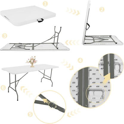 HAISIWLKJ Folding Table 8 FT Camping Table Portable Heavy Duty Plastic Rectangular Outdoor Dining Table Steel Legs Fold-in-Half with Carrying Handle for Indoor,Picnic,Party,Wedding,Events(White)