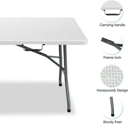 Generic 6 ft Folding Table, Portable Heavy Duty HDPE Fold-in Table, Lightweight Folding Table, Foldable Plastic Card Table for Party, Dining, Barbecue, Board Game with Carrying Handle - White