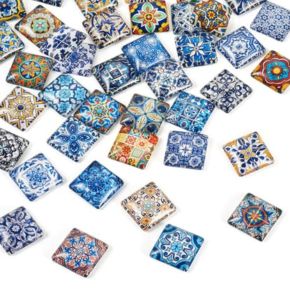 20Pcs 20mm Flower Printed Mosaic Tile Glass Cabochon Square Floral Glass CabochonsVintage Mixed Colors Dome Cabochon for Photo Cameo Pendant Craft Jewelry Making Supplies Craft (20 Count)