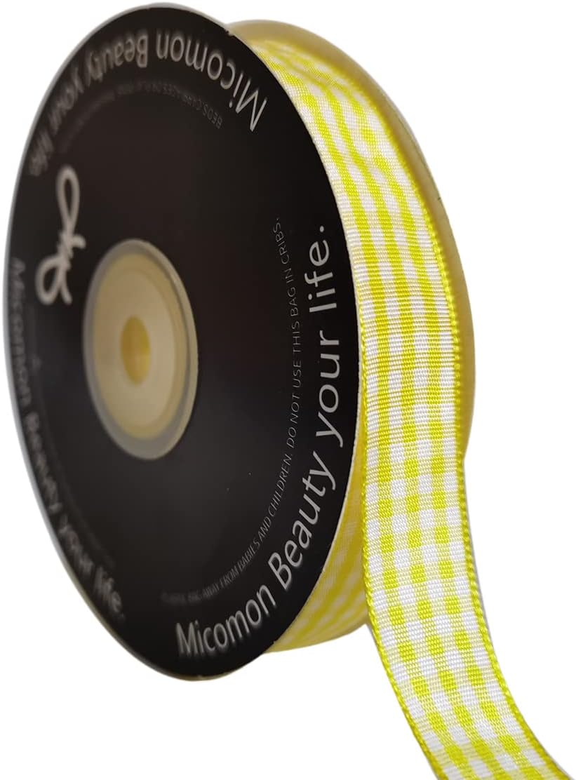 Yellow Gingham Plaid Checked Ribbon 25 Yards Each Roll 100% Polyester (5/8",Yellow) - Crafty Corner