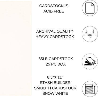 PA Paper Accents Stash Builder Textured Cardstock 8.5" x 11" Snow White, 65lb Colored cardstock Paper for Card Making, Scrapbooking, Printing, Quilling and Crafts, 25 Piece Pack