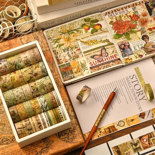 36 Rolls Vintage Washi Tape Pack Retro Arts Adhesive Tapes Wide Chronicle Decorative Masking Tape Sets for Craft (36 Count)