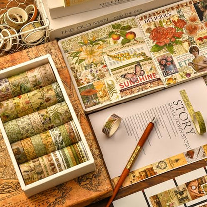 36 Rolls Vintage Washi Tape Pack Retro Arts Adhesive Tapes Wide Chronicle Decorative Masking Tape Sets for Craft (36 Count)