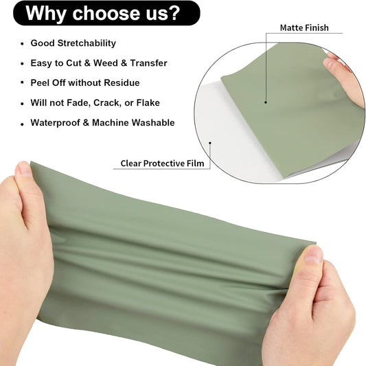 VINYL FROG Khaki Green 12" x 5ft Heat Transfer Vinyl Roll - Iron On Vinyl for T-Shirts & DIY Craft Designs