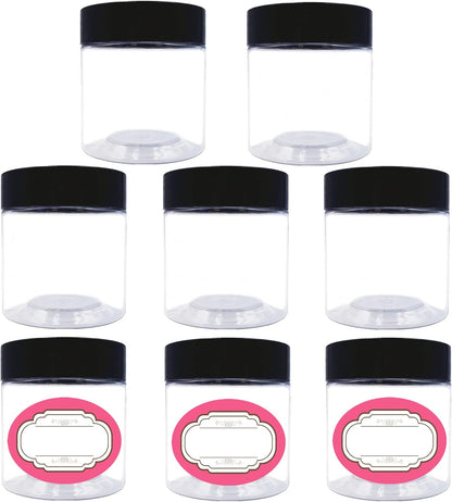 4 oz Plastic Jars with Lids,8 Pack Wide-mouth Clear Storage Containers, Empty Round Clear Plastic Jars with Lids and labels for Body Butter, Bath Salt, Slime and Beauty Products