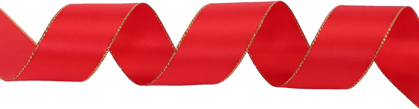 ITIsparkle 1" Inch Double Faced Satin Ribbon 25 Yards with Gold Edges, 1" X 25Yd - Red - Crafty Corner