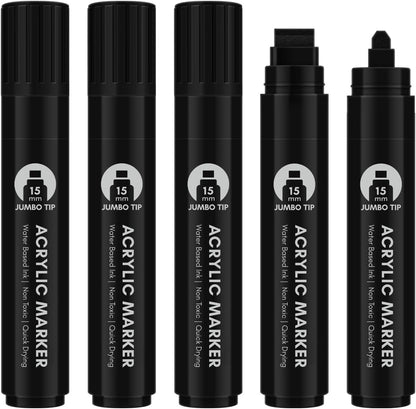 Black Poster Markers Jumbo: 5 Pcs 15mm Wide Tip Thick Acrylic Paint Pen Large Permanent Calligraphy Markers for Rock Painting, Stone, Poster, Canvas, Glass, Wood, Ceramic